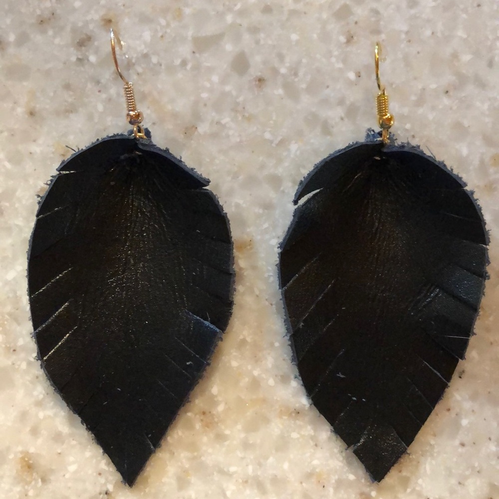 Black leather feather style earrings